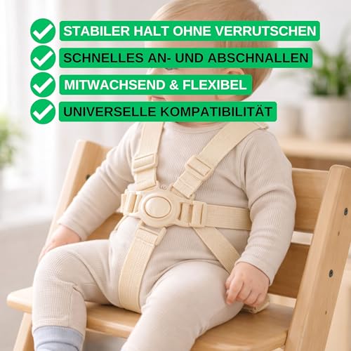 Hochstuhl 5-Punkt Gurtsystem, 1 Set, kompatibel mit Hauck, Stokke Tripp Trapp, Roba, uvm., in Beige, Gurt mit Brustclip, verstellbarer Kinderhochstuhl Sicherheitsgurt, Hochstuhlgurt 5 Punkte System