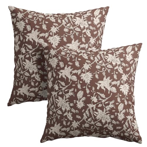 Reddish Brown Floral Block Print Throw Pillow Covers 20x20 Inch Set of 2 Vintage Boho Cottage Spring Fall Decor Cushion Cover Neutral Accent Modern Pillowcase for Home Bedroom Sofa Couch