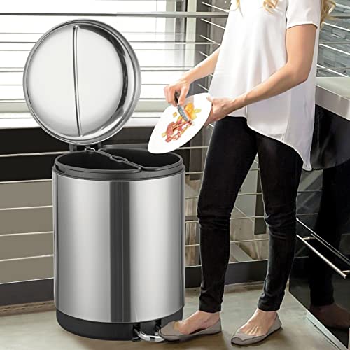 Image of Dual Trash Can, 2 x 4 Gal Garbage Can, 2 Compartments, Steel Pedal, Plastic Inner Buckets and Soft-Close Lid, Round Stainless Steel Hands-Free Kitchen Recycle Bin