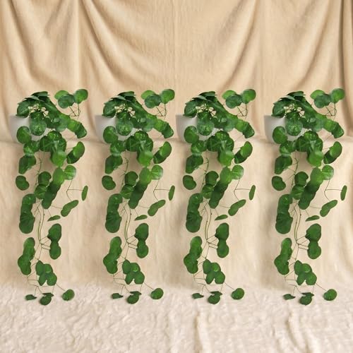 Image of Dekorly Artificial Hanging Garland with Pot - 100cm Rose Vine, 10cm Decorative Pot for Table, Shelf & Wall Decor (4, Vines-08)