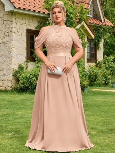 MISSMAY Women's Plus Size Dress Sequin Lace Halter with Cape Sleeves Evening Formal Maxi Dress4