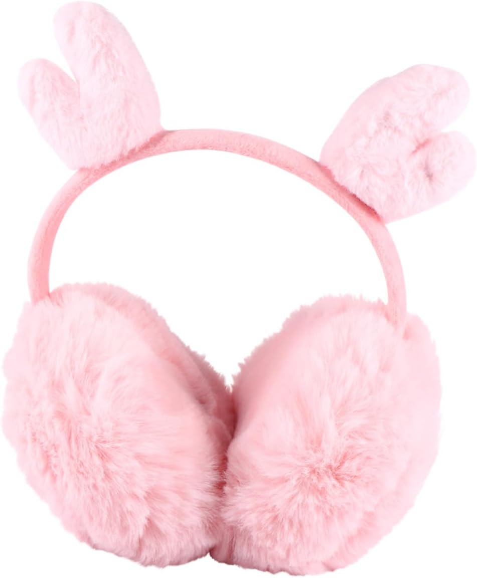 Ipetboom Winter Earmuffs and Women Pink Plush Reindeer Antlers Ear Warmers Soft Faux Wool Ear Muffs for Adjustable Cold Weather Cover