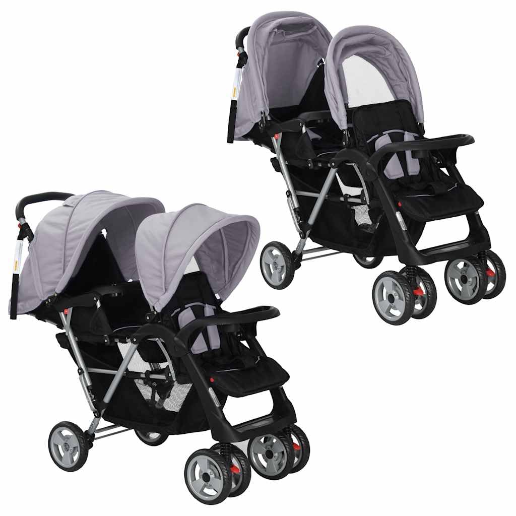 vidaXL Passeggino Gemellare a Tandem in Acciaio Grigio e Nero Carrozzina Bimbi