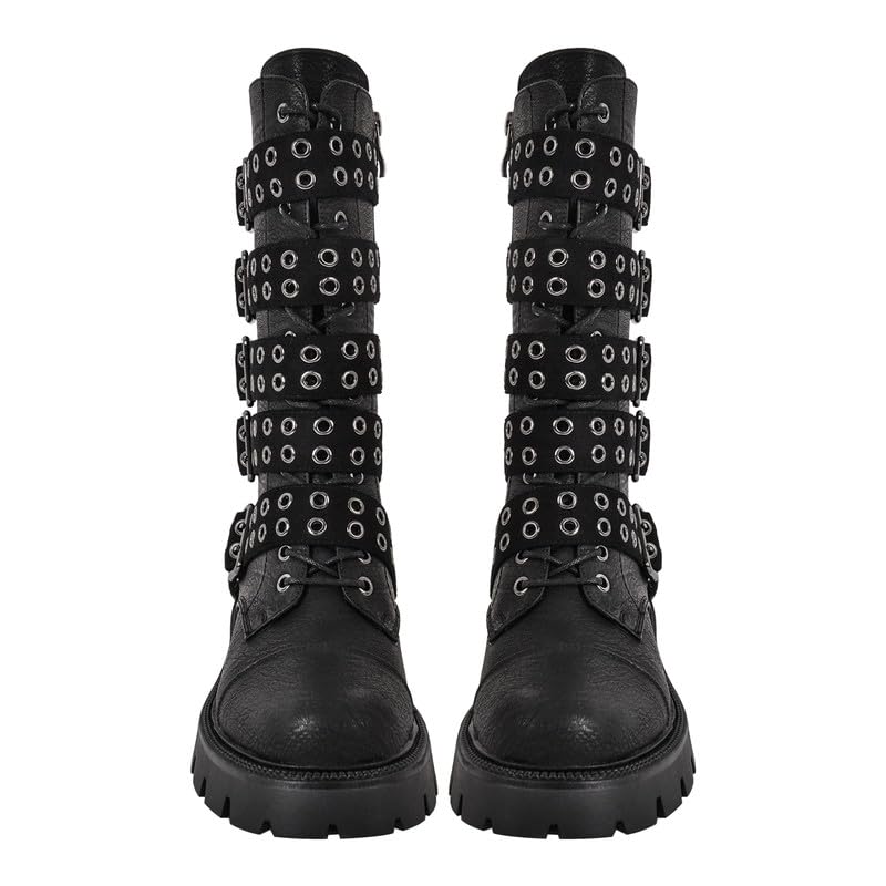 LISHAN Women's Round Toe Platform Chunky Heel Motorcycle Boots With Buckles Straps Biker Riding Mid Calf Boots4