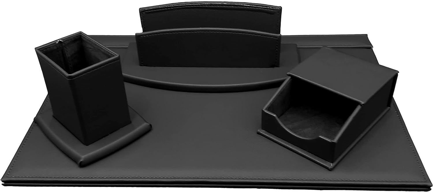 OGGETTANDO set scrivania in ecopelle con accessori composto da scrittoio apribile, portalettere, portapenne, portabigliettini (nero)