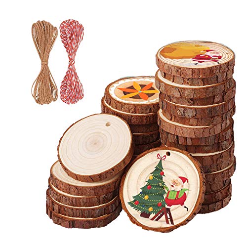 Decoration Rondin de Bois 30 Pcs Tranche Disque Bois 6cm avce Corde - Rondelle de Bois avce Trou Disques en Bois pour Ornements de Mariage et Noël, Bricolage, Sous Verre Cover