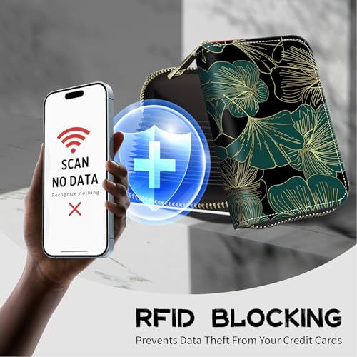 Image of Cute Credit Card Holder with Zipper, Art Leaf RFID-Blocking Card Case Small Wallet for Women Men, Multi-slot Card Organizer Case Travel Accordion Wallet