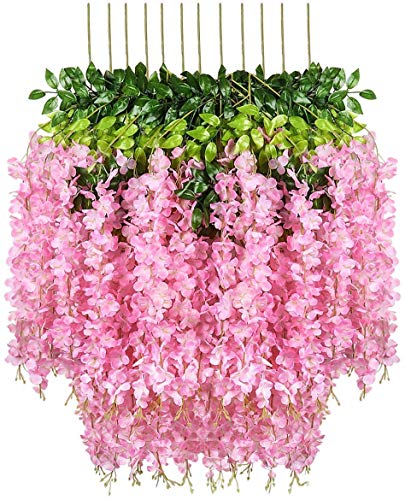 Image of LOGRO Pack of 12 Piece Artificial Vine Fake Pink, White Wisteria Hanging Garland Long Hanging Bush Flowers, String Home, Party Decor (6-Pink, 6-White)