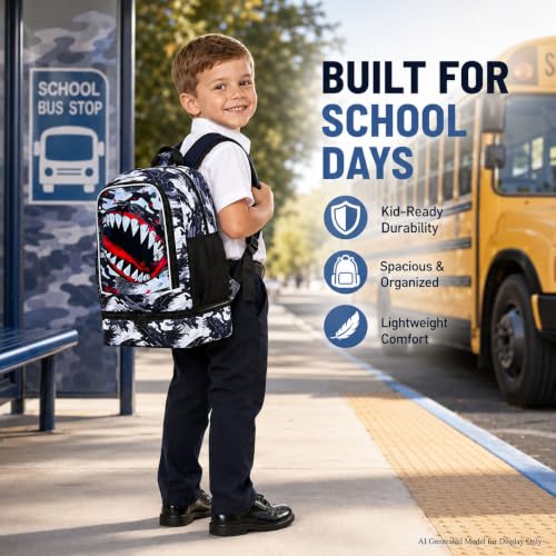 Image of 2 In 1 Shark Backpack for Boys, 17 inch Kids Bookbag with Insulated Lunch Box, School Backpacks for Elementary Preschool Kindergarten (Black)