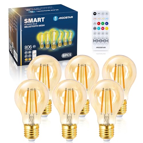 Aigostar Mesh - Lampadine Intelligente Bluetooth Mesh A60, Vintage Edison Lampadina Smart LED 6W Equivalenti a 60W, 2700K-6500K Dimmerabile, Compatibile Con Alexa/Google Home, 6 Pezzi(Con Telecomando)