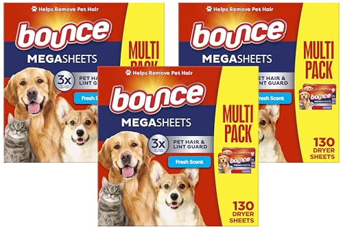 Image of Bounce Pet Hair and Lint Guard Mega Dryer Sheets with 3X Pet Hair Fighters, Fresh Scent, 130 Count (Pack of 3)