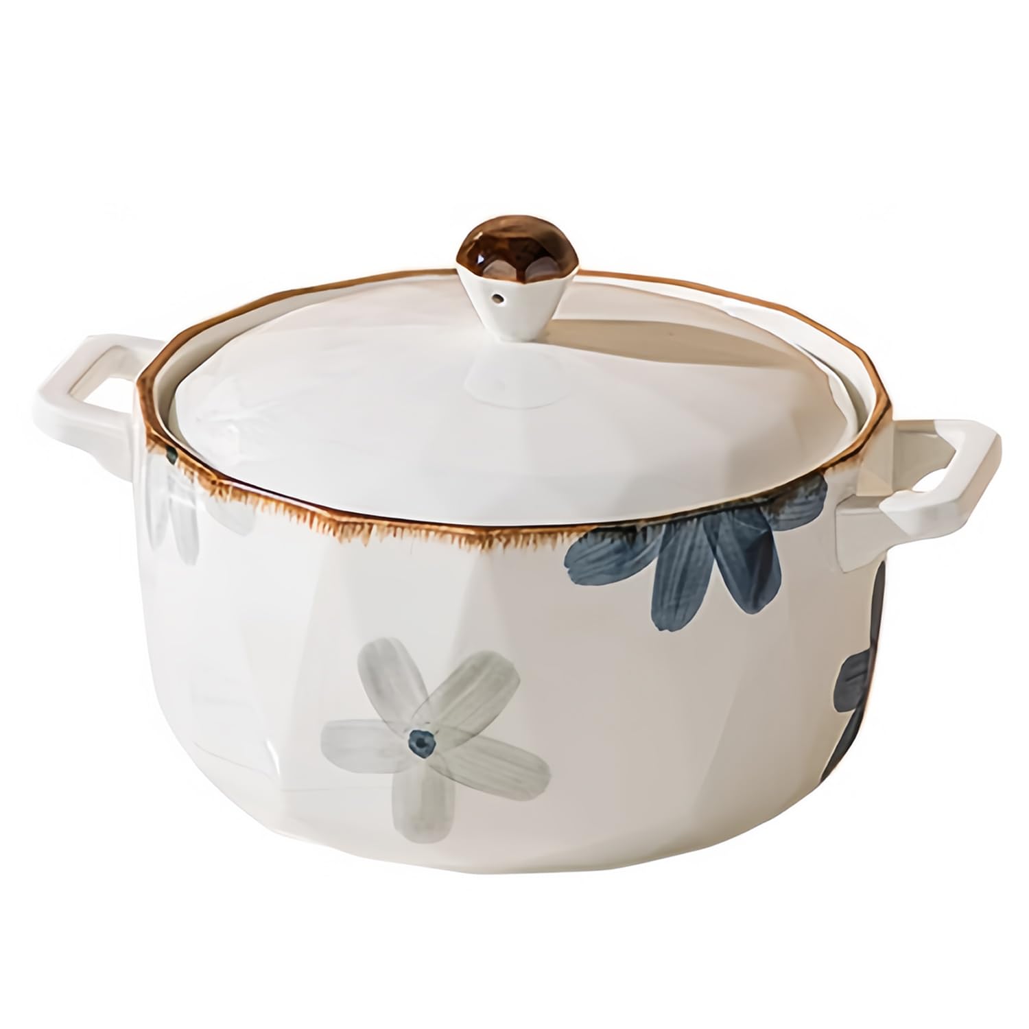 Suppenschüssel mit Deckel, große Ramenschüssel, Keramik, Instant-Nudelschüssel, mikrowellengeeignet, große Suppentasse (weiße Blume, 1600 ml)