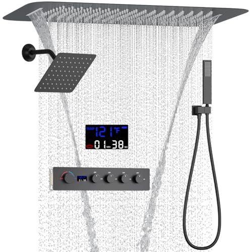 Sistema de ducha dual AYIVG en negro mate con 4 funciones, cabezal de lluvia y cascada de 16 x 24 pulgadas, cabezal de pared de 8 pulgadas con ducha manual y válvula digital miniatura 1