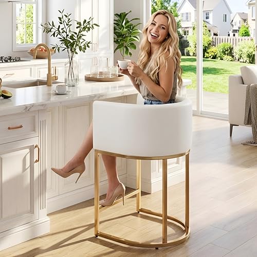 HNY Modern Barrel Counter Stool 24' White and Gold