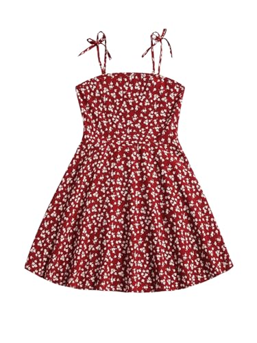 OYOANGLE Girl's Boho Ditsy Floral Print Tie Shoulder A Line Short Dress Vacation Holiday Dresses