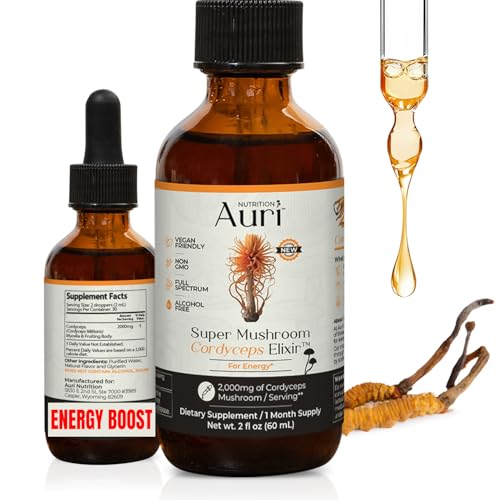 Auri Nutrition Super Mushroom Cordyceps Elixir for Stamina, Natural Energy, Youthfulness and Longevity with Full Spectrum Support - Cordyceps Tincture 60 ml