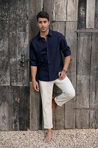 Mens Button Down Shirt Linen Cotton Shirts Casual Long Sleeve Spread Collar Lightweight Beach Plain Tops4