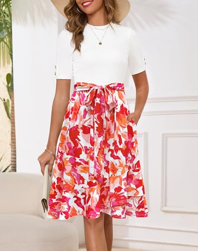 Annebouti Womens 2025 Short Sleeve Summer Fall Ribbed Modest Semi-Formal Teacher Casual Work Midi Dress with Pockets2