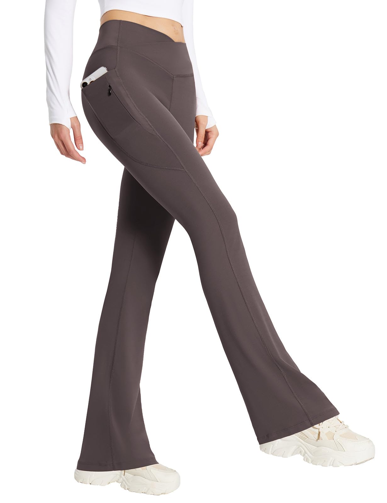 baleaf Women's Flare Leggings with Zipper Pockets Crossover High Waist Bootcut Yoga Pants Tummy Control Bell Bottom Leggings