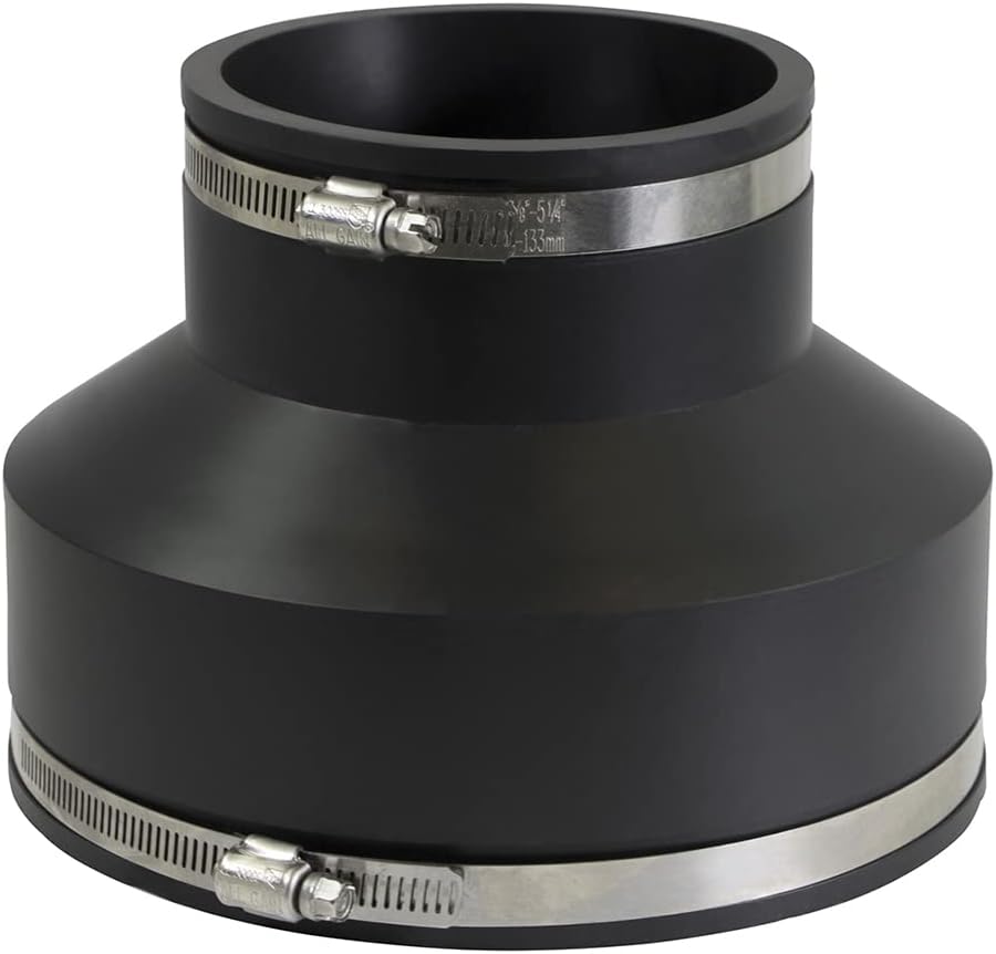 6I8I Flexible Rubber Coupling with Stainless Steel Clamps, 4’’ Cast Iron/PVC x 6 Clay, Black