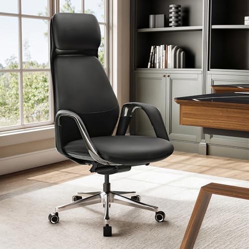 EUREKA ERGONOMIC Sedia Ufficio in Vera Pelle, Sedia Direzionale con Rotelle,Moderna Poltrona Ufficio con Confortevole, da Girevole Scrivania, Portata 136 kg, Nero