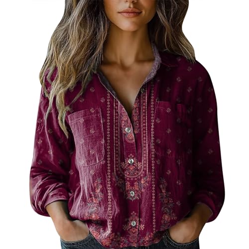 riou Blusas Mujer Primavera Verano Lino Boho Estampado Retro Cuello en V Camisa Basica Moda Vintage Blusa Suelta Casual Toppar T-Shirt Basica Ligera Cómoda Adolescente Original tee Playa
