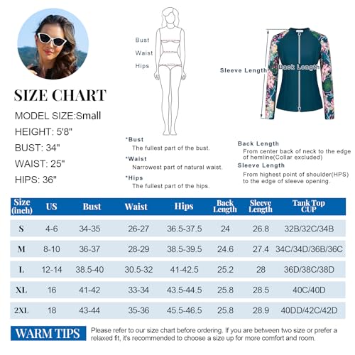 Jasambac Women'S Upf 50+ Rash Guard Long Sleeve 3 Piece Zip Up Swimsuit Uv/Sun Protection Swim Shirts Built In Bra Floral Athletic Swim Wear Pink Flower L thumb #5