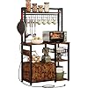 IRONCK Bakers Rack, Larger Microwave Stand with Power Outlets, 15.7" D x 35.4" W Kitchen Shelf with Cabinet and 12 Hooks, Industrial Shelf for Kitchen, Vintage Brown