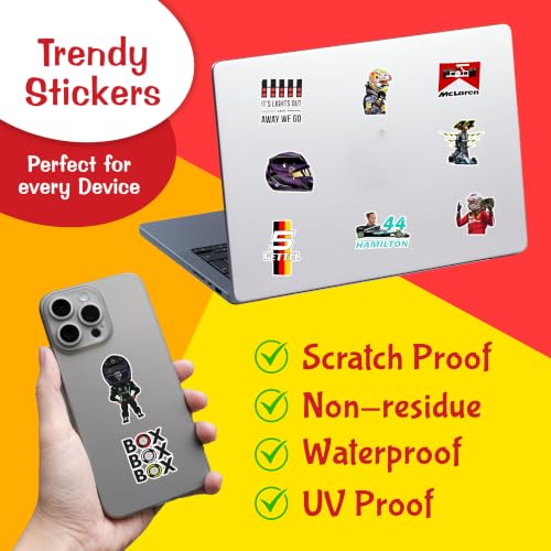 Image of Pack of 60 F1 Formula One Racing Vinyl Self-Adhesive Stickers for Laptop, Journal, Diary, Guitar, Mobile Case - Waterproof Residue Free Multicolor Stickers - 3 Inches for Metal, Glass