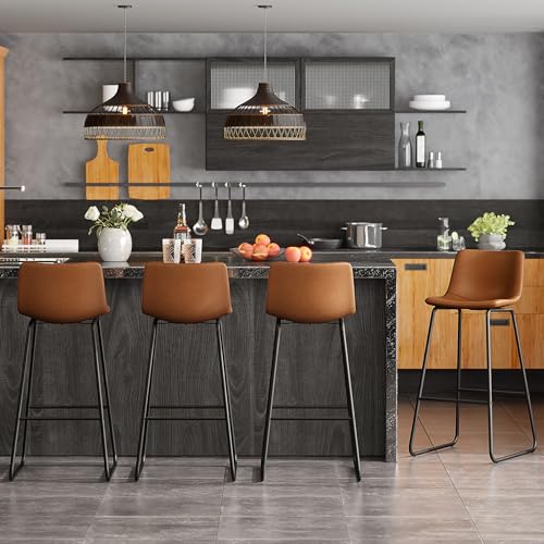 Image of REONEY Bar Stool Set of 2, 30 inch Urban Faux Leather Counter Stool, Dark Brown