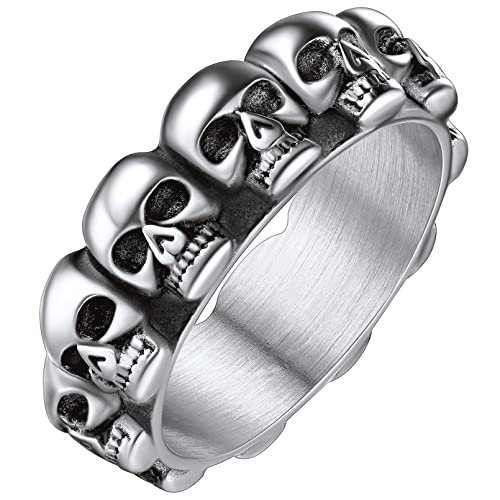 FaithHeart Mens Band Rings Cool Skull Jewelry Silver Stainless Steel Gothic Punk Jewelry for Woman