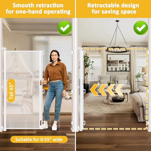 65” Extra Tall Baby Gate Retractable Pet Gate Indoor 55” Wide Retractable Dog Gate Outdoor Gate Retractable Gate Mesh Baby Gate Tall Dog Gates for Doorways Tall Retractable Baby Gates for Dogs, White