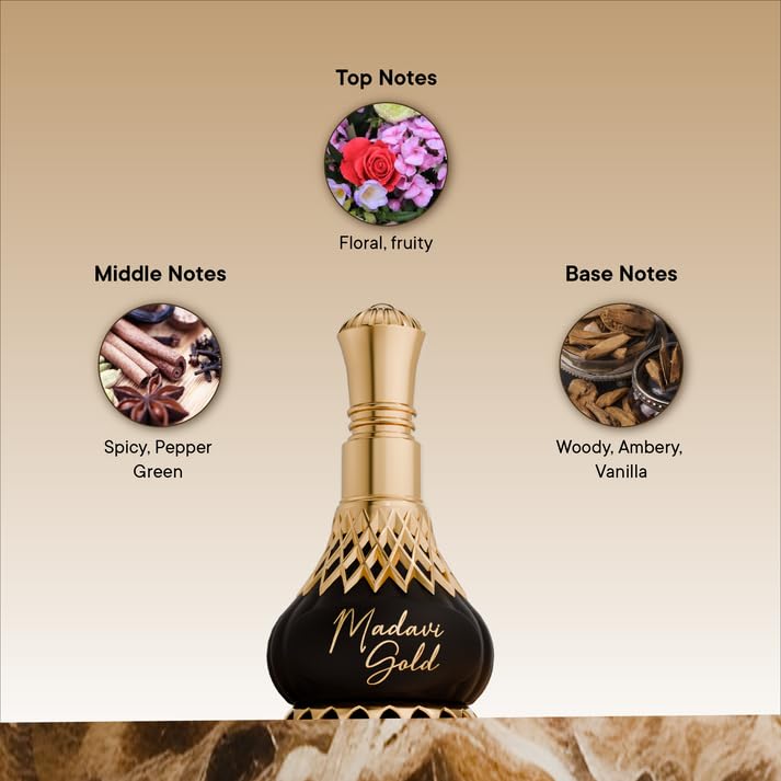 Image of Al-Nuaim Madavi Gold Attar, Unisex Perfume Oil, Floral Sweet Warm Notes, Alcohol-Free, Natural Ingredients, Long Lasting, Vegan, 9.9ml