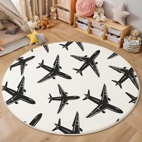 MIATCENRT Simple Alfombra Redonda 100cm, Antideslizante Lavables Alfombras Redondas Negro Avión, Salon Habitacion Pie de Cama Salón Comedor Pelo Corto Tapetes, Blanco y Negro