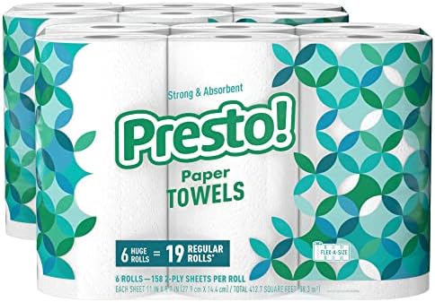 Amazon Brand - Presto! Flex-a-Size Paper Towels, 158-Sheet Huge Roll, 6 Count (Pack of 2), 12 Huge Rolls = 38 Regular Rolls