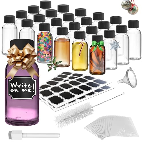Nevlers Paquete de 24 botellas pequeñas de vidrio de 2 onzas con tapas, botellas de chupito redondas Boston transparentes con tapas, botellas de chupito de jengibre, vasos de chupito de bienestar,