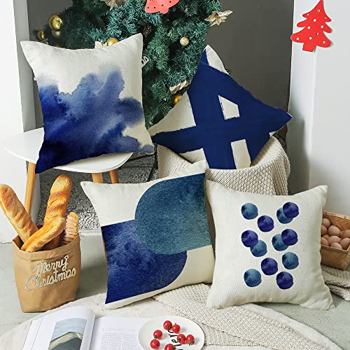 Hhocn 4 Pieces Blue White Geometric Linen Decorative Pillow Cover Abstract Blue White Square Throw Pillow Case Sofa Bed Couch Blue White Art Throw Cushion Cover Decoration Pillow Shell 18" X 18" #TOP6