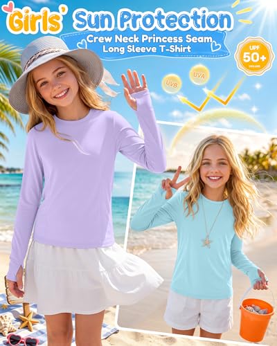 Image of 3 Pack Girls' Rash Guard Swim Long Sleeve Shirt UPF 50+ UV Sun Protection Quick Dry Tee with Thumb Holes 5-14Y