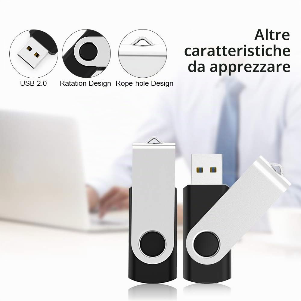 RAOYI Chiavette USB 2.0 4 GB, 20 Pezzi, Clip Girevole in Metallo, Nere | 20 Chiavette USB 2.0 da 4 GB con Clip Metallica a 360°, per Documenti, Foto, Musica e Distribuzione di File