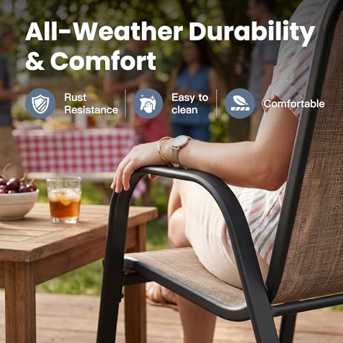 Image of VICLLAX Patio Dining Set for 4, All Weather 5-Piece Patio Set-37.8 inch Square Outdoor Table and 4 Stackable Chairs for Lawn Garden and Backyard,Walnut Tabletop