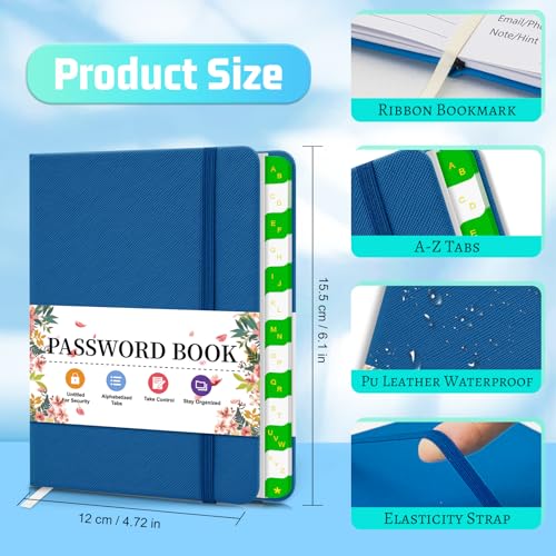 BLESWIN Kleines Passwortbuch Alphabetisch mit Registerkarten, Hardcover Passwort Notizbuch für Internet Website Adresse Login, Perfektes Taschenformat Passwort Aufbewahrung für Senioren