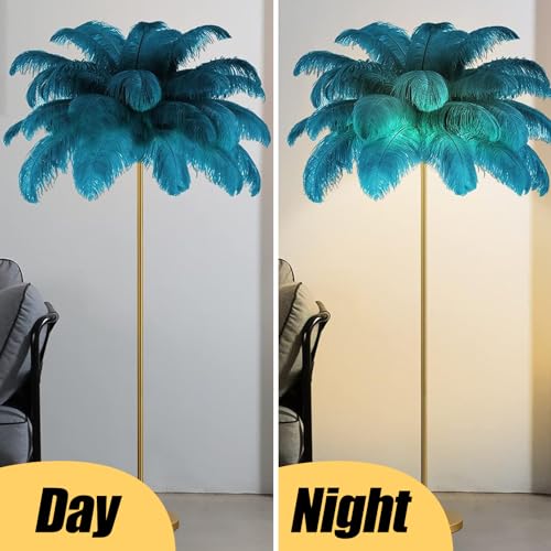 Lámpara de pie regulable con plumas naturales azules y oro 4