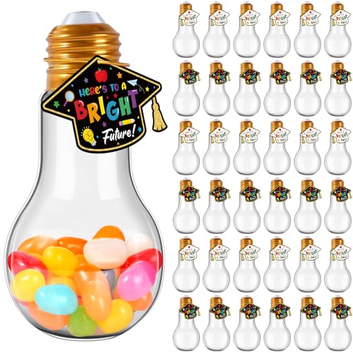 36 Set 100 ML Plastic Light Bulb Jars with Graduation Card and Gold Ribbon,Light Bulb Candy Container Light Bulb Fillable Decoration Clear Candy Jars For 2025 Preschool Graduation Party