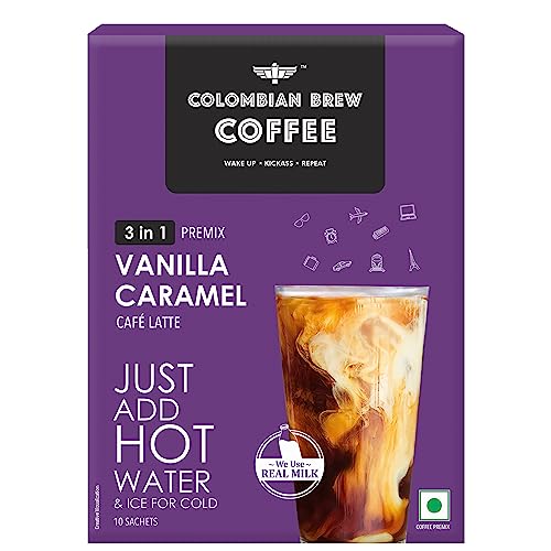Image of Colombian Brew Vanilla Caramel Cafe Latte, Instant Coffee Powder Premix (3 in 1), 8 Sachets (Pack of 3)