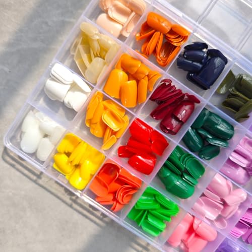Image of 576Pcs Press on Nails Solid Color Fake Nails Short Square Nail Press ons 24 color of Purple Green Yellow Glossy Full Cover Stick on Nails for Women Manicure DIY