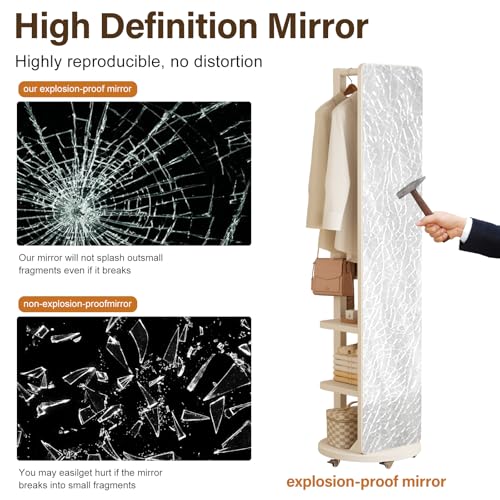 Image of WoodsWhisper Full Length Mirror Coat Rack Solid Wood Floor Mirror 66 inchx12 inch Full Length Mirror with Stand Long Mirrors for Bedroom,Living Room (White-Mobile, 66 inch Lx12 W)