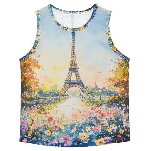 Boys Tank Top Shirts Watercolor Eiffel Tower Floral Sleeveless T-Shirts Crew Neck for Kids Clothing Children