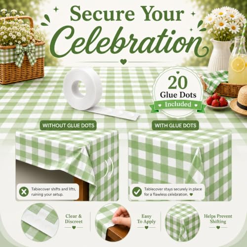Image of Blue Orchards Sage Green Gingham Table Cover (Pack of 3 with 20 Glue dots) - 54 inchx108 inch XL - Sage Green and White Checkered Picnic Tablecloth, Baby Shower Decoration, Outdoor Birthday Party Supplies