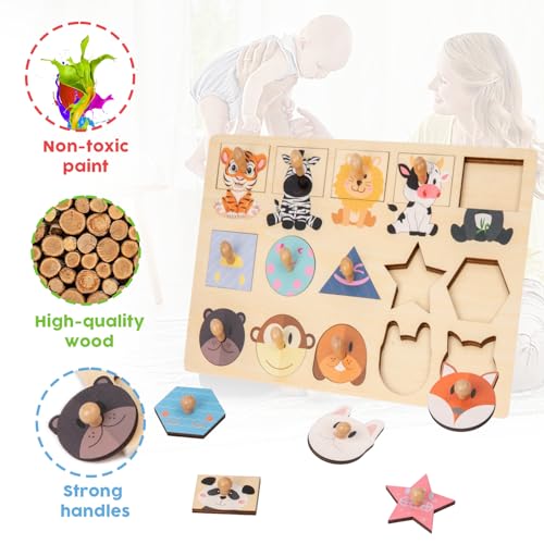 Image of Adena Montessori Jumbo Knob Animal Shape Puzzle, 1 Year Toddler | Safe wood, Large knob animal shapes. Builds color & shape recognition, fine motor & matching. Easy grip.