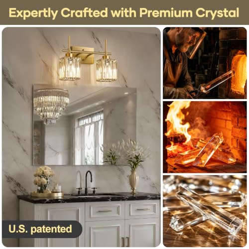 Image of Torondo Modern Crystal Bathroom Vanity Light 2-Lights Brushed Gold Bathroom Light Fixtures Over Mirror Brushed Gold Vanity Lighting Fixtures Square Shade Wall Sconce (Bulbs Not Include)